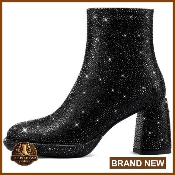 Sparkly Rhinestone Ankle Booties Chunky Block Heel Platform Wedding Party - Picture 4 of 7